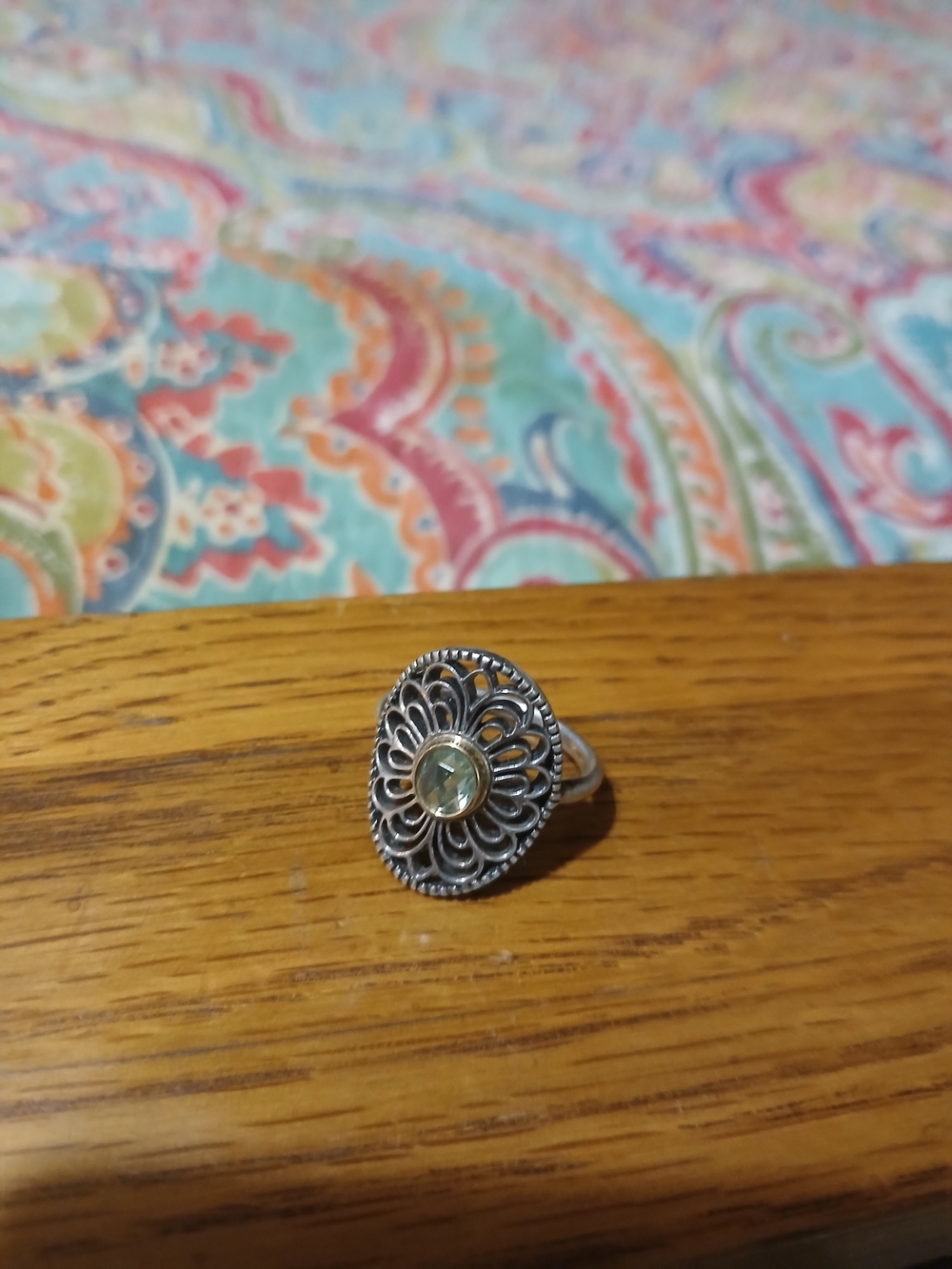 RarePandora Silver Floral Filigree Ring with Light Green Stone